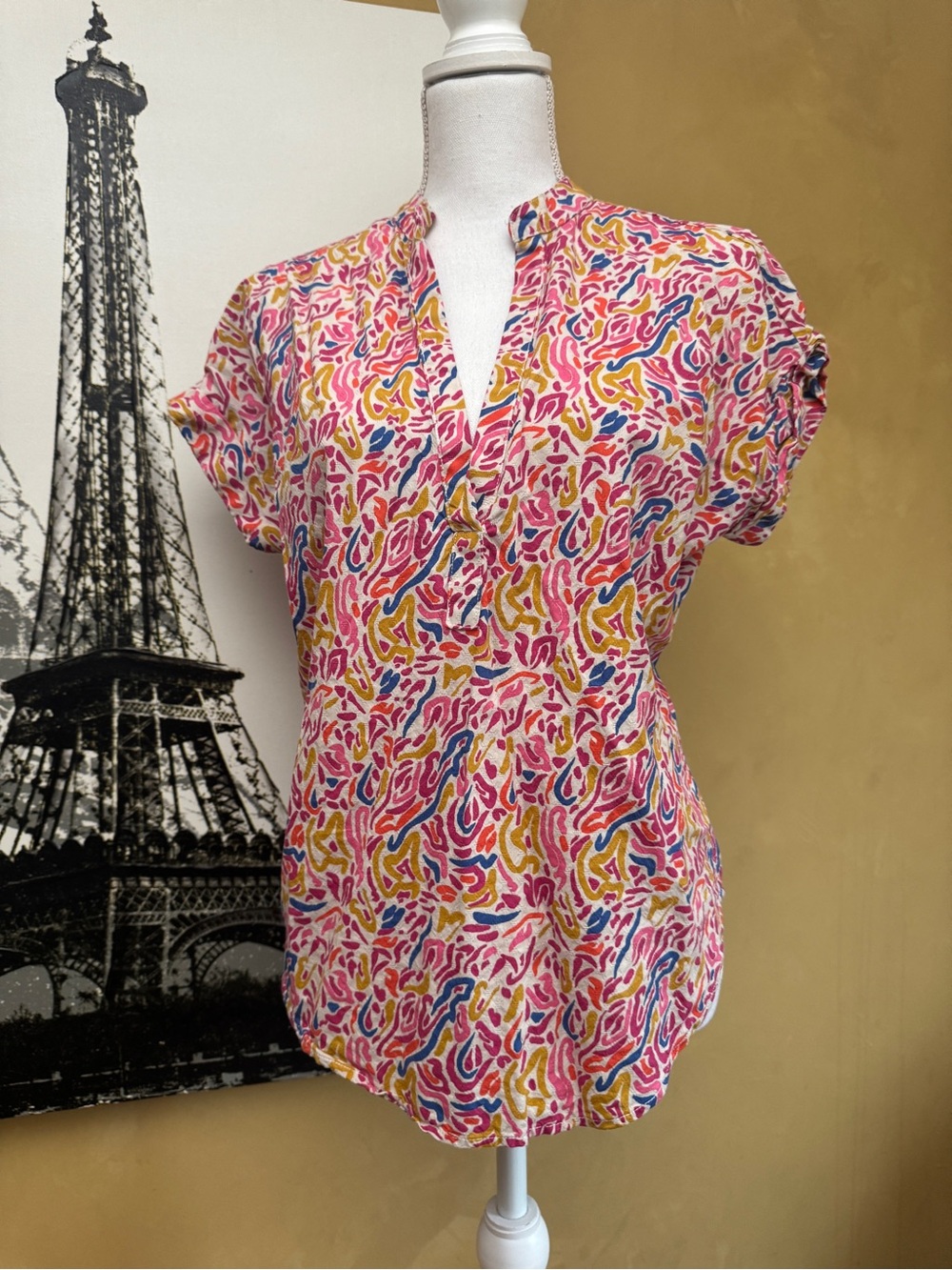 Bright Pink Multicolor Print Split-Neck Blouse